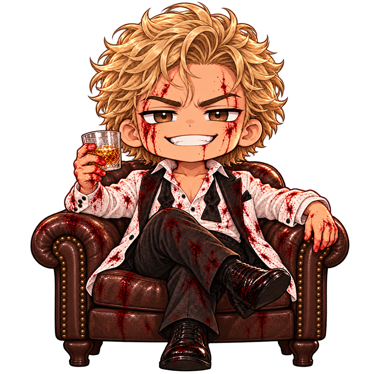 Chibi Benny lounging in a leather armchair, grinning with a raised glass and blood-spattered white jacket.
