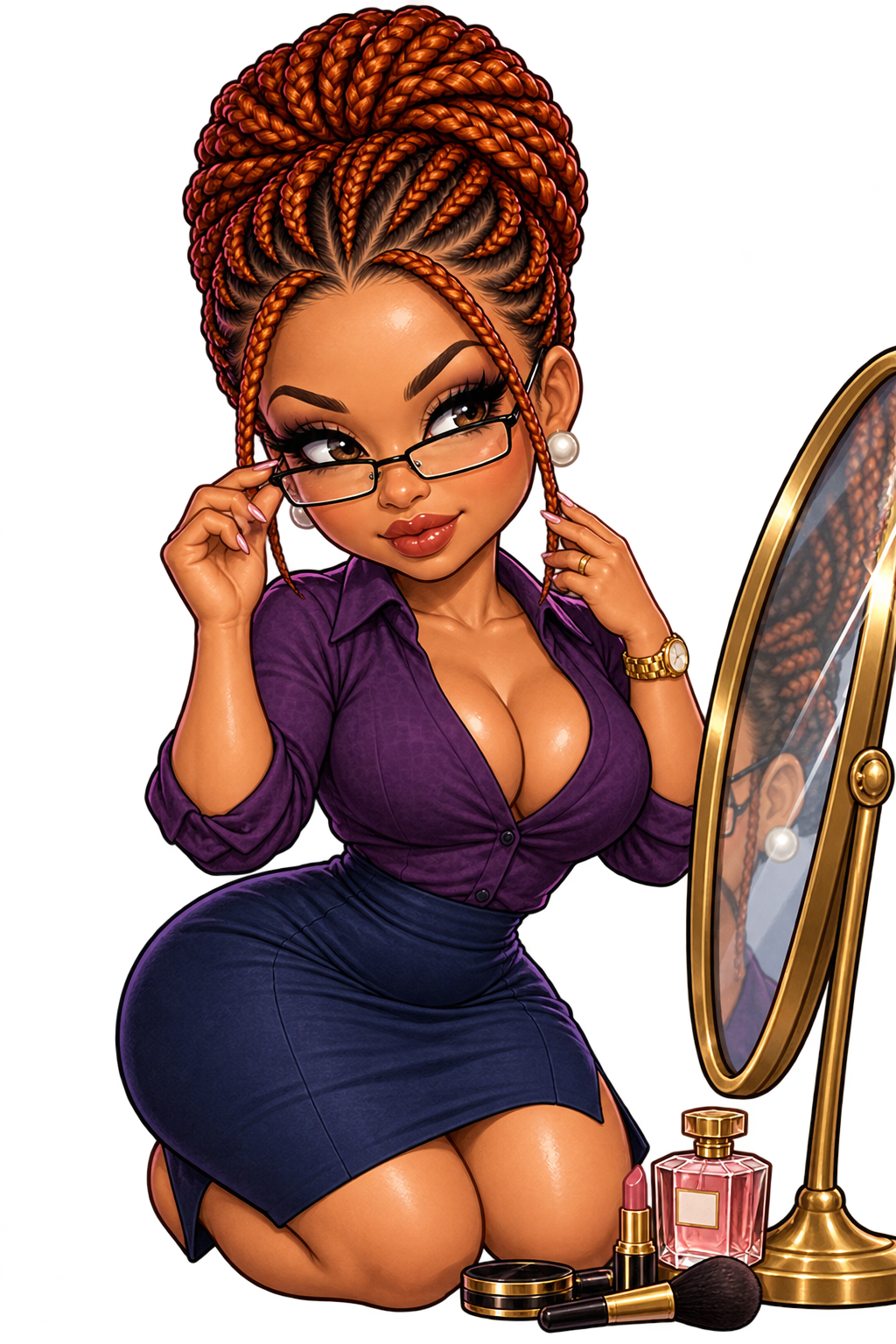 Chibi Bobbie adjusting her glasses and admiring herself in a gold-framed vanity mirror.