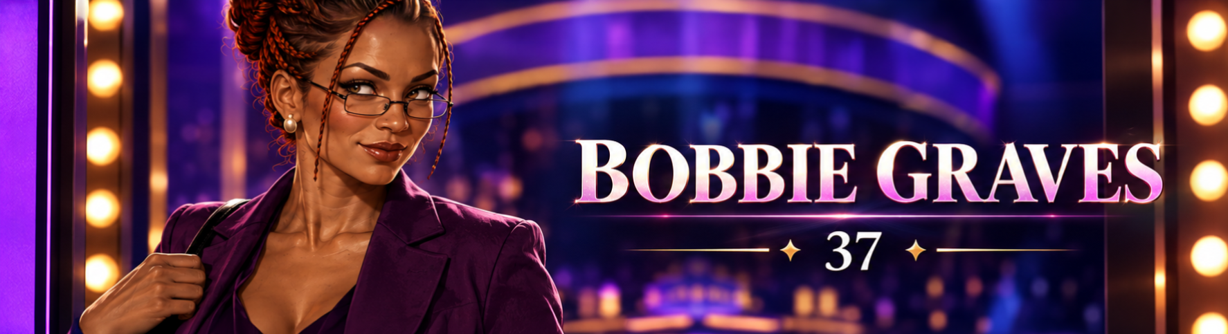 Bobbie Graves with auburn braids, rectangular glasses, a purple blazer, and a handbag against a purple-and-gold game-show stage. The banner reads Bobbie Graves, 37.