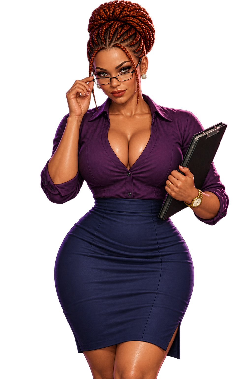 Bobbie with auburn braids in a high bun, looking over rectangular glasses as she adjusts them with one hand and holds a clipboard with the other, wearing a purple blouse and navy pencil skirt.