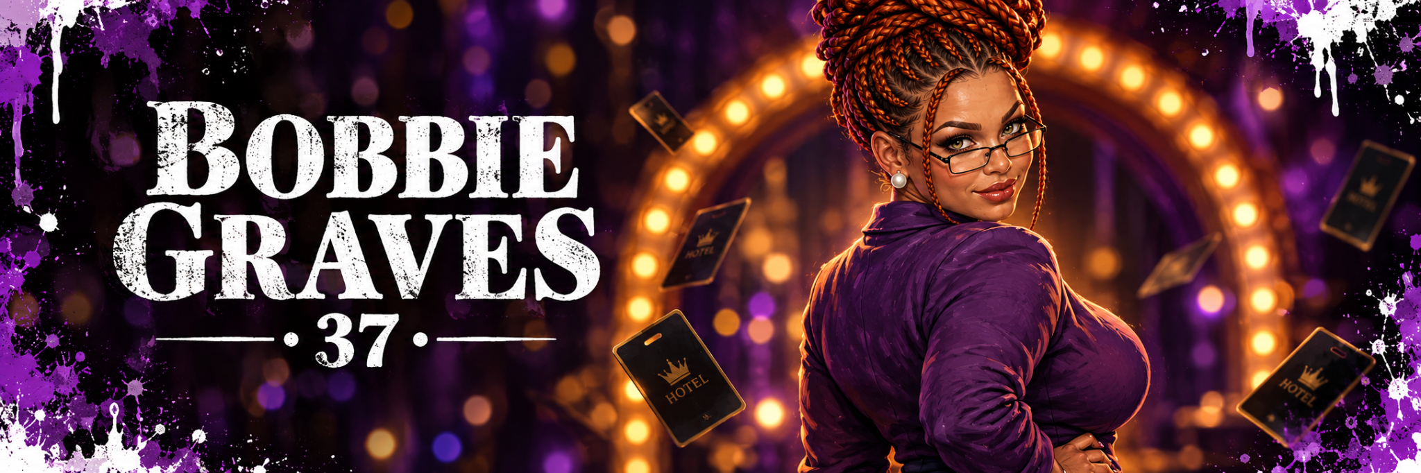 Bobbie Graves, age 37, looking over her shoulder and glasses with a knowing smile, auburn braids piled high, in a purple blouse amid hotel key cards, violet paint splashes, and warm stage lights.