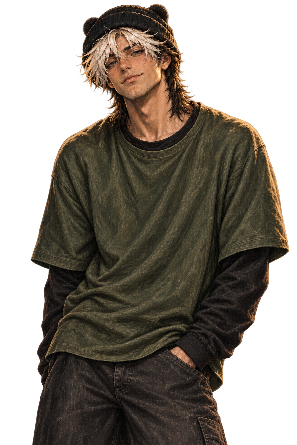 Erik leaning with his head tilted and both hands in his pockets, white-and-dark hair beneath a black beanie with rounded ears, wearing a loose olive shirt over black sleeves and dark trousers.