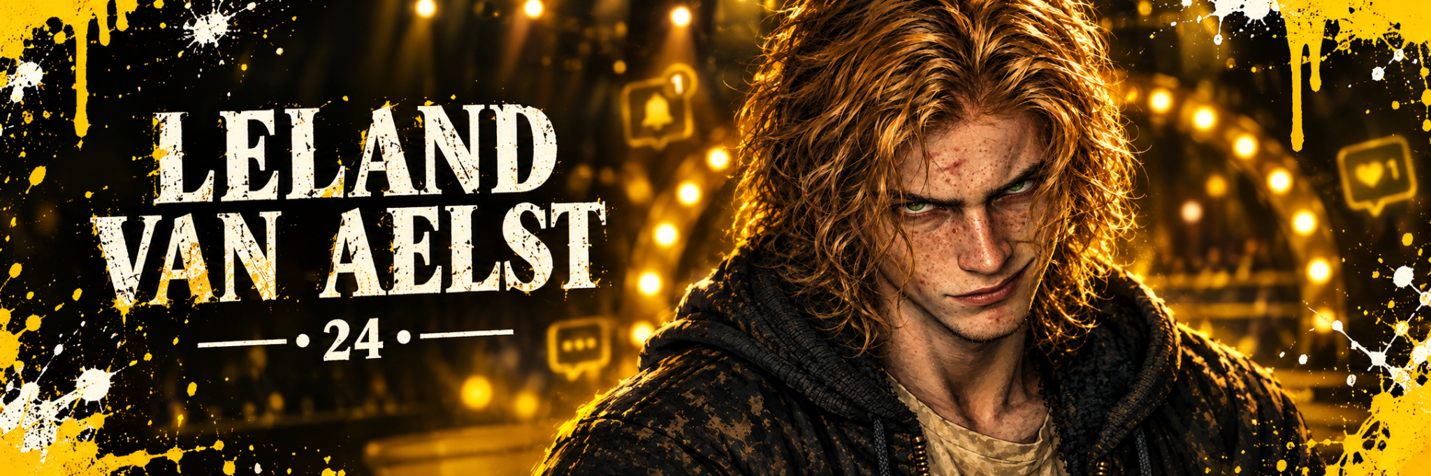 Leland Van Aelst, age 24, glaring with a crooked smirk beneath messy strawberry-blond hair, surrounded by mustard-yellow paint splashes and social-media icons on a lit game-show stage.