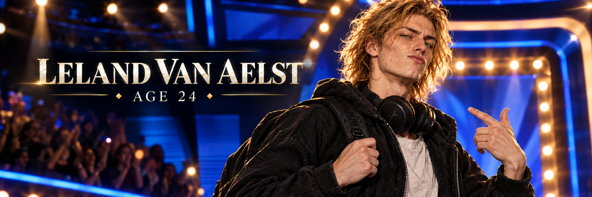 Leland Van Aelst with messy blond hair, freckles, and headphones around his neck, pointing toward himself with a pout on a blue-and-gold stage. The banner reads Leland Van Aelst, age 24.