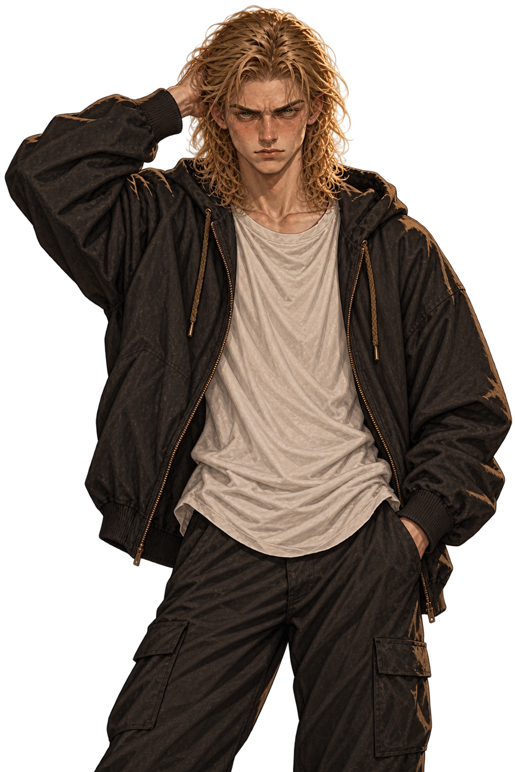 Leland staring ahead with a furrowed brow, tousled shoulder-length blond hair, one hand behind his head and the other in his pocket, wearing an oversized dark jacket, white shirt, and dark cargo trousers.