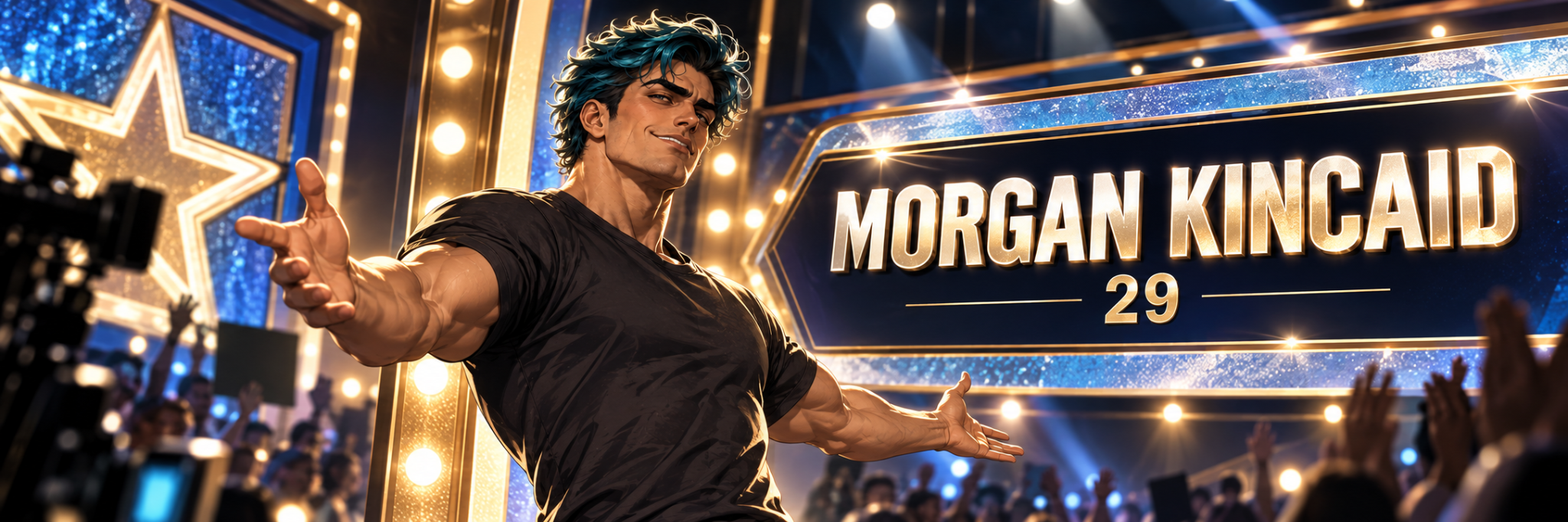 Morgan Kincaid, muscular with teal hair and a black shirt, spreading his arms on a blue-and-gold stage. The banner reads Morgan Kincaid, 29.