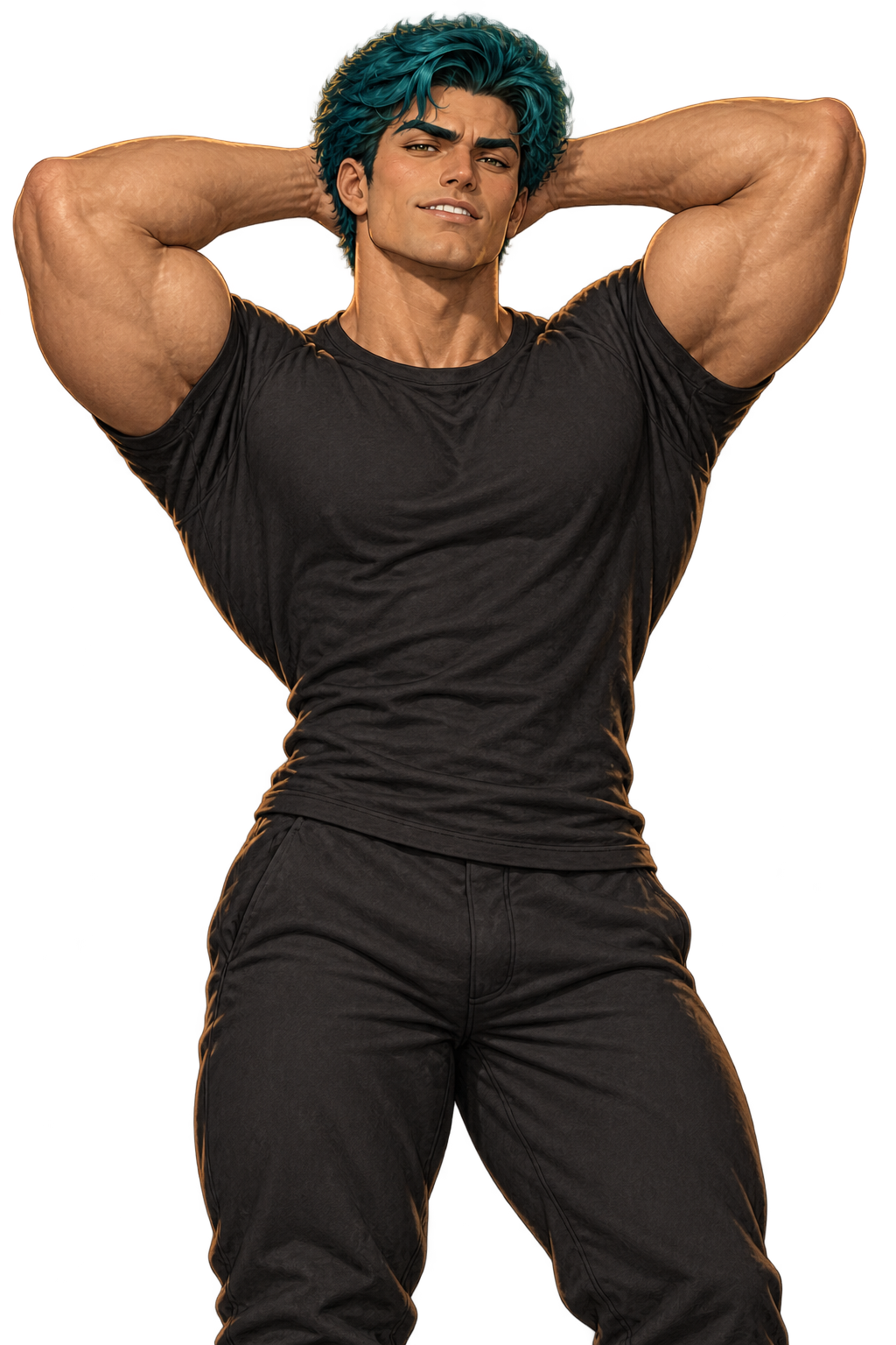 Morgan grinning with both hands behind his head, elbows raised, peacock-teal hair, brown eyes, a muscular build, and a fitted black shirt and black trousers.