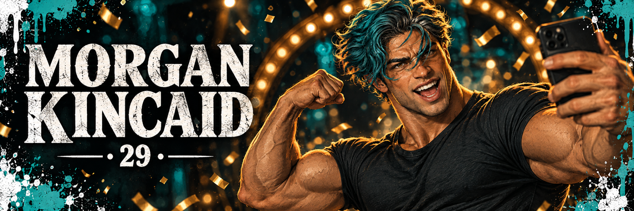 Morgan Kincaid, age 29, flexing his arm and grinning into his phone camera, with peacock-teal hair, a black shirt, teal paint splashes, and golden confetti under stage lights.