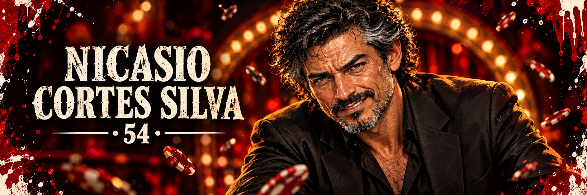 Nicasio Cortés Silva, age 54, leaning forward with a crooked grin, wearing a dark suit amid flying poker chips, crimson paint splashes, and warm stage lights.