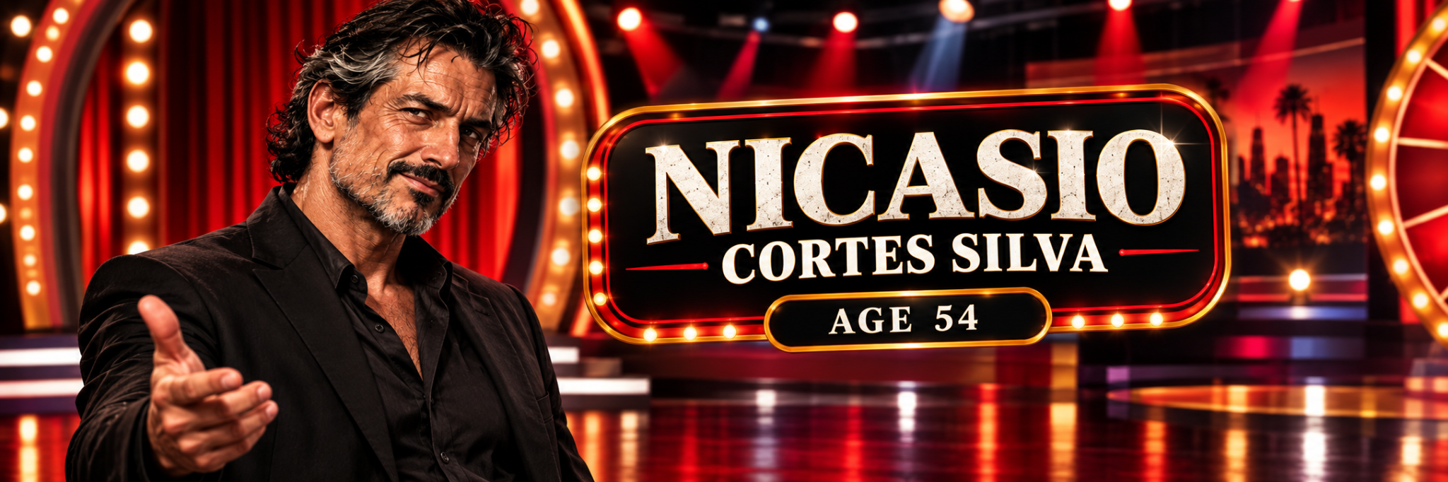 Nicasio Cortés Silva with dark hair, silver streaks, and a salt-and-pepper beard, extending a hand on a red-and-gold stage. The banner reads Nicasio Cortés Silva, age 54.