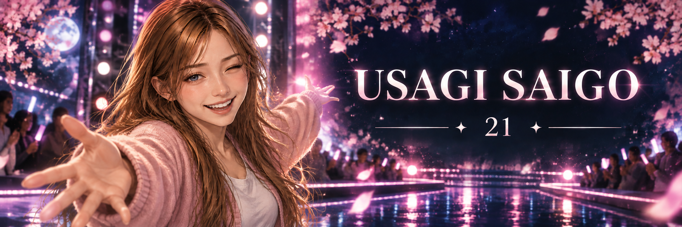 Usagi Saigo, smiling and winking in a pink cardigan, reaching toward the viewer on a pink-lit stage surrounded by cherry blossoms. The banner reads Usagi Saigo, 21.