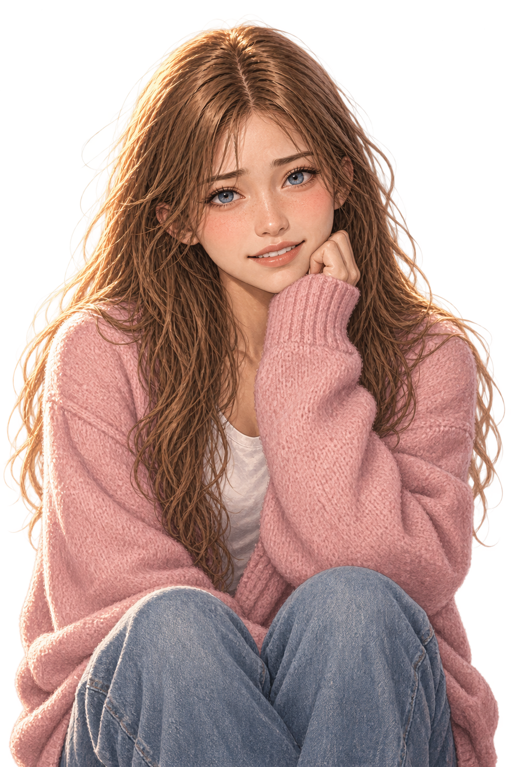 Usagi seated with her knees drawn up and her cheek resting on one hand, smiling softly, with long light-brown hair, a pink cardigan, white shirt, and jeans.