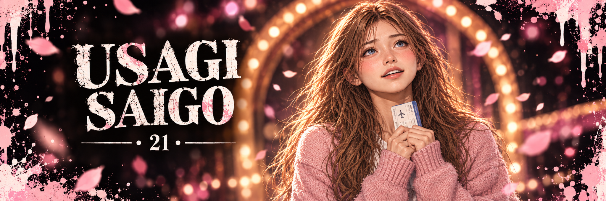 Usagi Saigo, age 21, gazing up hopefully and holding her plane ticket in both hands, wearing a pink cardigan amid pink petals, paint splashes, and warm stage lights.