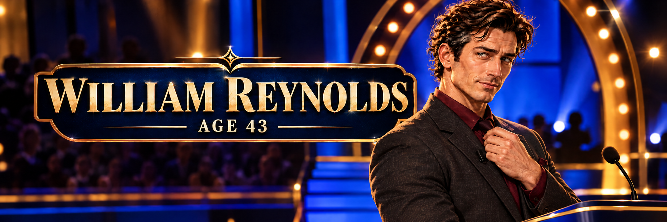 William Reynolds adjusting his tie beside a microphone on a blue-and-gold stage. The banner reads William Reynolds, age 43.