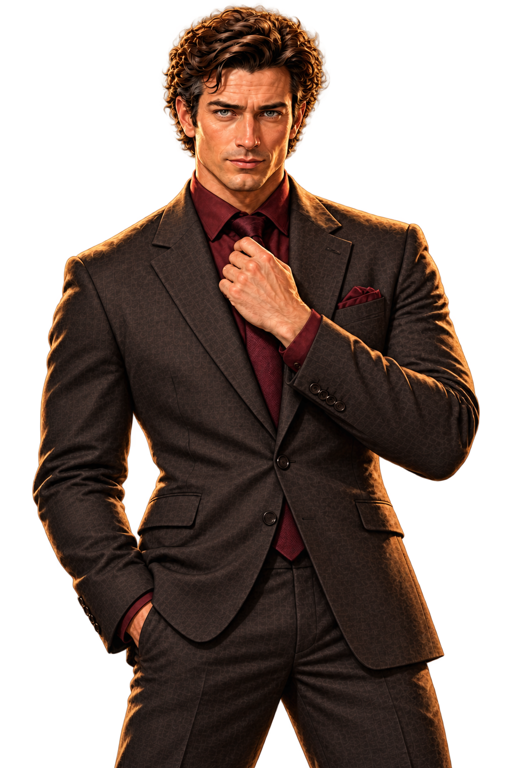 Billy with wavy brown hair and a slight smile, looking directly ahead while adjusting his burgundy tie, his other hand in his pocket, wearing a brown patterned suit and burgundy shirt.