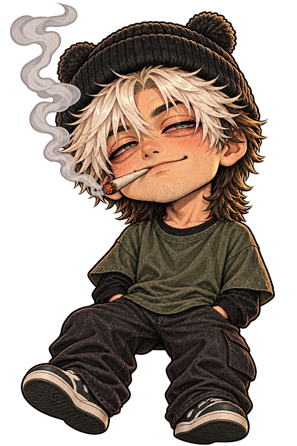 Chibi Erik sitting relaxed in a panda-ear beanie, with half-lidded eyes and a smoking joint in his mouth.