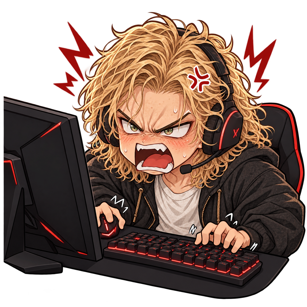 Chibi Leland wearing a gaming headset and screaming at his computer, hands on the mouse and keyboard.