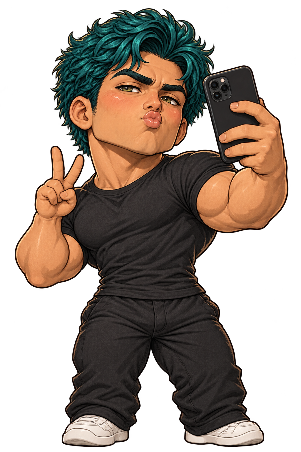 Chibi Morgan with teal hair, taking a duck-lips selfie and flashing a peace sign.