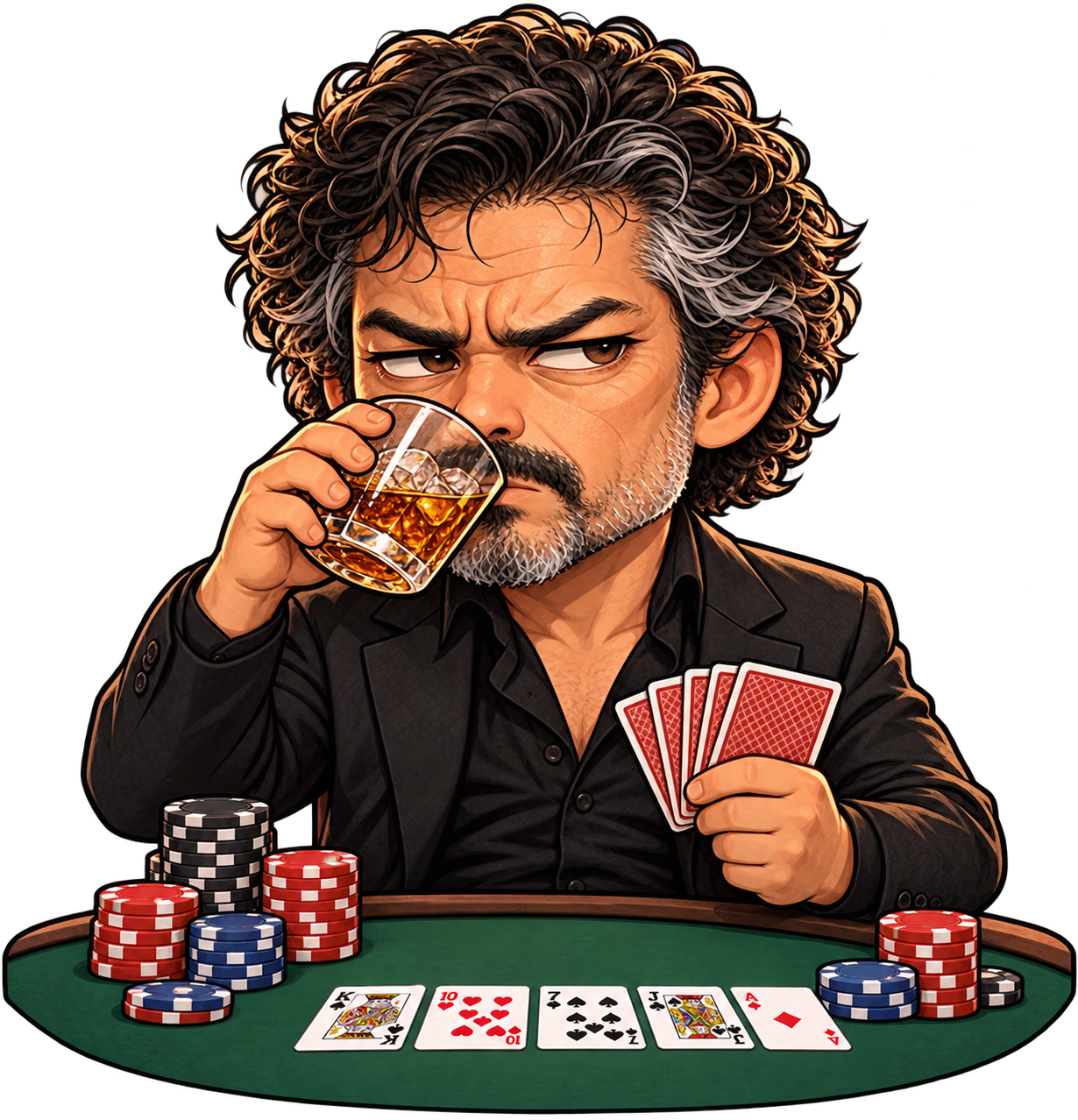 Chibi Nic scowling over a whiskey glass while holding playing cards at a poker table.