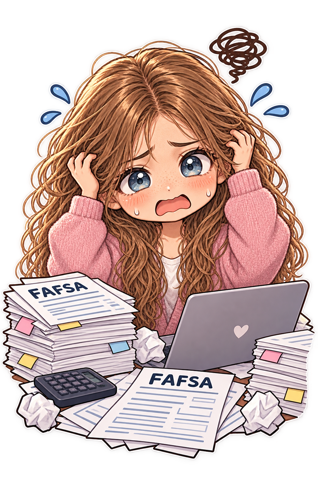 Chibi Usagi anxiously clutching her hair over piles of FAFSA paperwork beside her laptop.